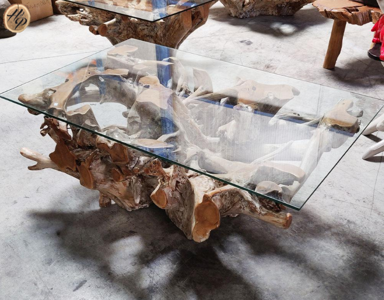 table basse rectangulaire en verre et racine teck bar Perpignan 66