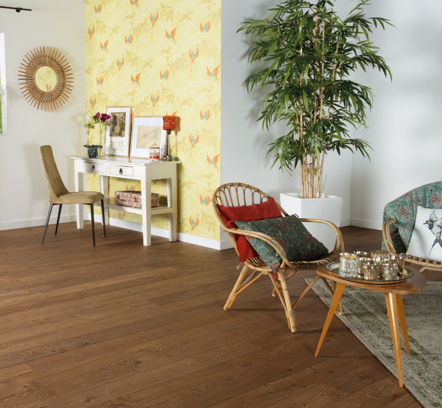 PARQUET CONTRECOLLE FLOTTANT VIEILLI  VIEILLI parquet massif ORIGINE CUIR OTELLO 139 chanfreins vieillis travaillés à l'ancienne