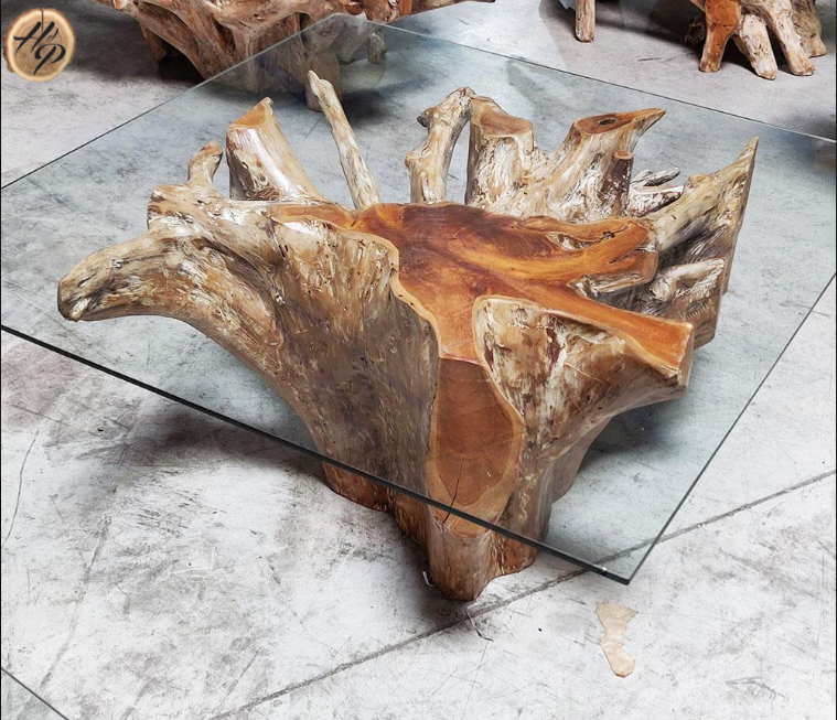 table basse carrée en verre et teck bar lounge Montpellier Hérault 34